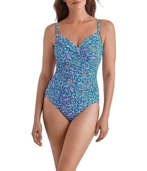 Shape Solver Grecian Tile V-Neck Moderate Coverage Surplice One Piece Swimsuit