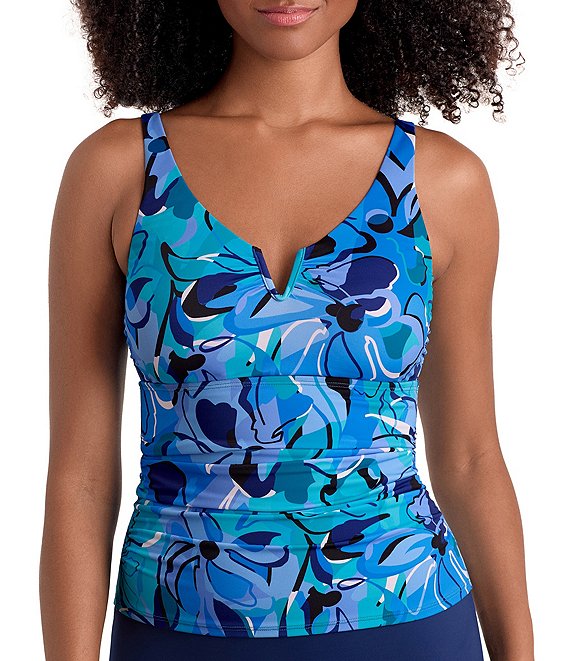 Shape Solver Organic Bloom V-Wire Neck Shirred Tankini Swim Top