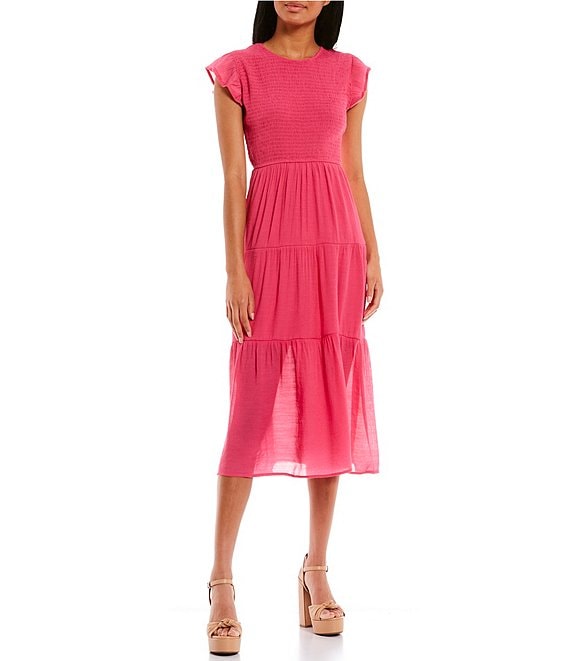 Color:Fuchsia - Image 1 - Short Flutter Sleeve Smocked Tiered Midi Dress