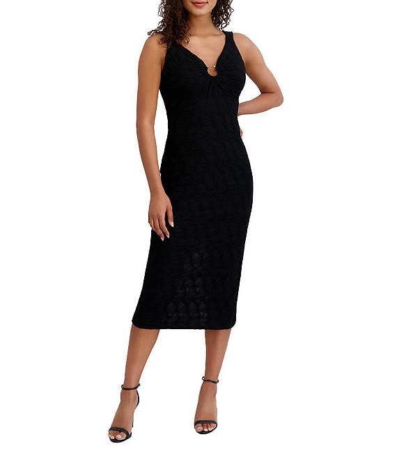 SIENA Texture Knit V-Neck Sleeveless Hardware Sheath Dress, Black - Image 1