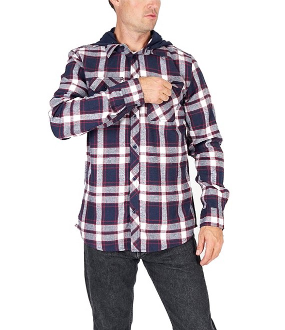 Color:Burgundy - Image 1 - Long-Sleeve Plaid Flannel Hooded Shirt