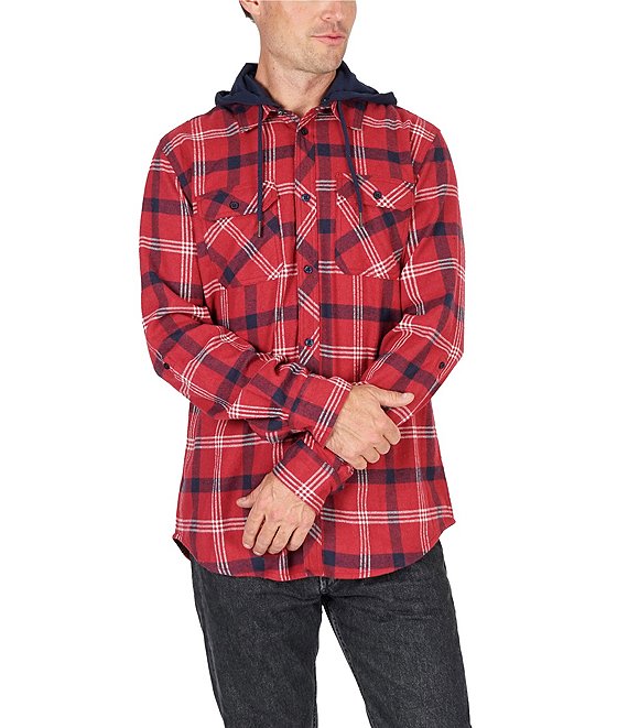 Color:Red - Image 1 - Long-Sleeve Plaid Flannel Hooded Shirt