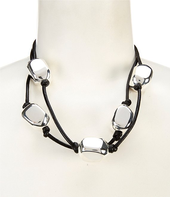 Simon Sebbag Black Genuine Leather Statement Necklace with Chunky Silver Stations