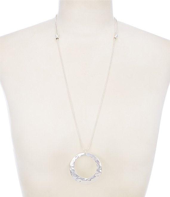Simplicity Hammered Round Open Metal Long Pendant Necklace