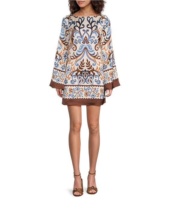 Skies Are Blue Border Printed Boat Neck Long Bell Sleeve Mini Dress, Ivory/Brown - Image 1