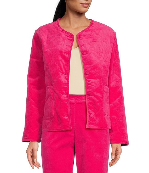 Color:Berry Pink - Image 1 - Crew Neck Long Sleeve Quilted Corduroy Coordinating Jacket