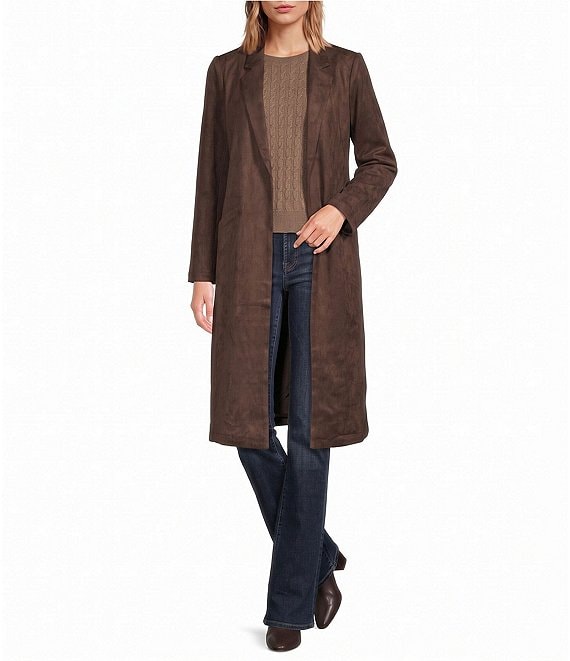 Skies Are Blue Faux Suede Notch Collar Neck Long Sleeve Open Front Duster