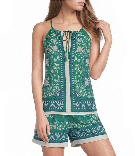Skies Are Blue Floral Border Print Halter Neck Sleeveless Button-Front Coordinating Top