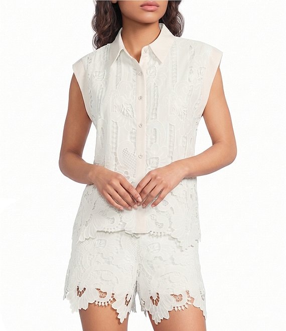 Skies Are Blue Floral Lace Collared Neck Sleeveless Coordinating Button Front Top