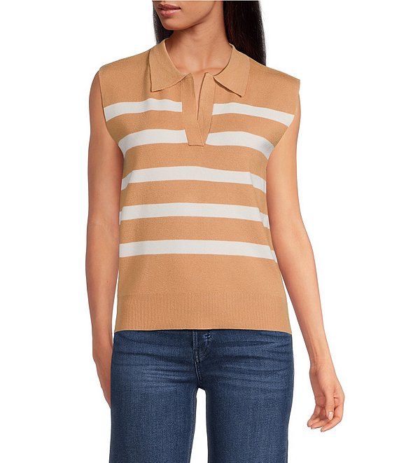 Skies Are Blue Knit Striped Print V-Neck Sleeveless Top, Camel - Image 1