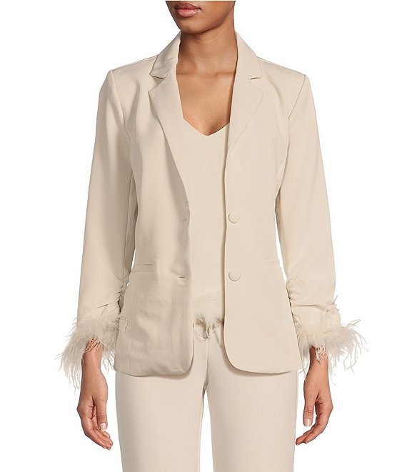 Skies Are Blue Notch Lapel Neck Long Sleeve Detachable Feather