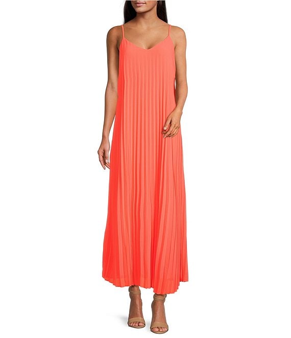 Color:Neon Orange - Image 1 - Pleated V-Neck Sleeveless Maxi Dress