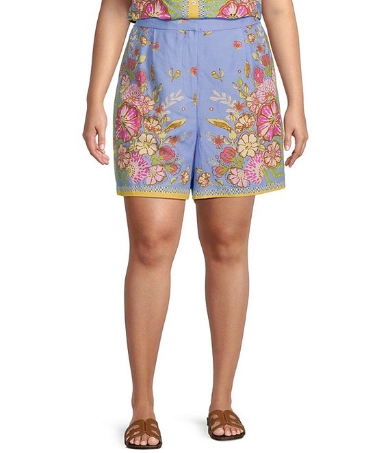 Skies Are Blue Plus Size Floral Border Coordinating Elastic Back Shorts, Blue Multi - Image 1