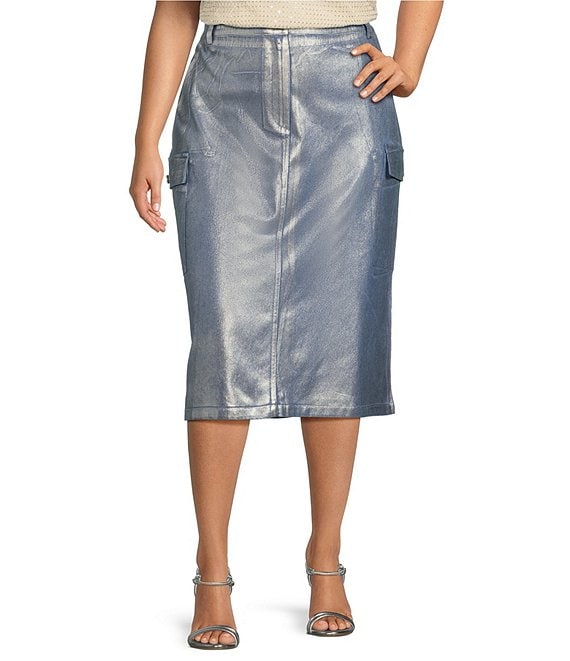 Skies Are Blue Plus Size High Rise Metal-Foiled Cargo-Pocket Midi Skirt ...