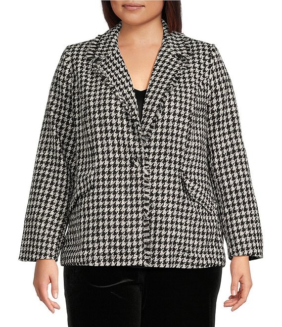 Skies Are Blue Plus Size Houndstooth V-Neck Point Collar Long Sleeve ...