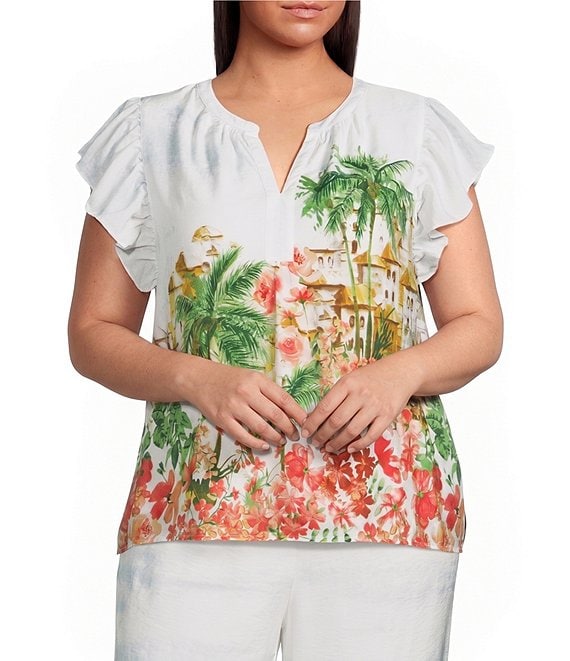 Skies Are Blue Plus Size Tropical Placement Printed Split V Neck Ruffle Sleeve Coordinating Top
