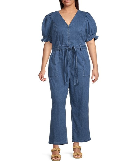 Skies Are Blue Plus Size Washed Denim Short Puff Sleeve Belted Jumpsuit ...