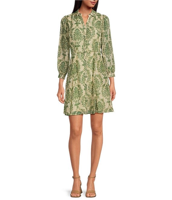 Color:Green/Cream - Image 1 - Printed Button Front Long Sleeve Mini Dress