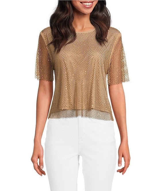 楽天 送料無料にならない Skies Are Top Sleeve Short Neck Scoop Mesh Rhinestone Blue シャツ/ブラウス(長袖/七分)
