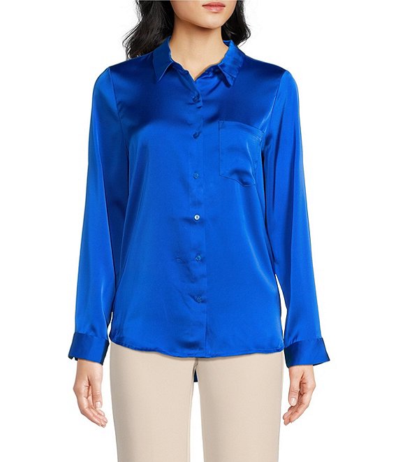 Skies Are Blue Satin Point Collar Long Sleeve Patch Pocket Button Down Shirt