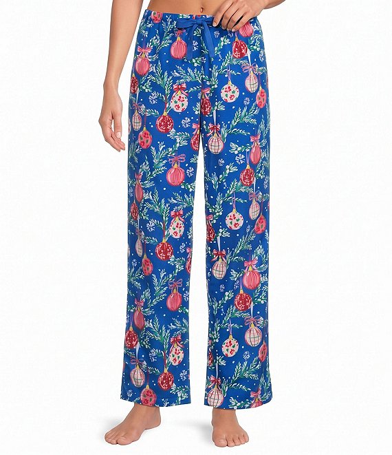Sleep Sense Blue Ornament Print Flannel Drawstring Tie Coordinating Holiday Sleep Pants