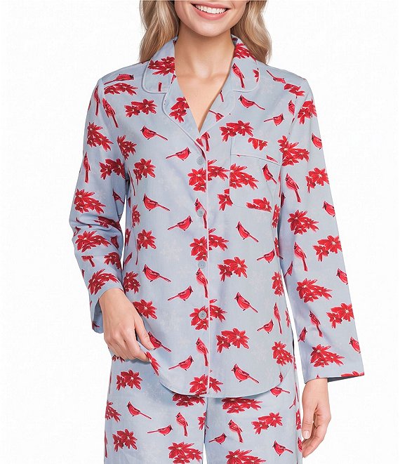 Sleep Sense Cardinal Print Flannel Long Sleeve Notch Collar Coordinating Button-Front Holiday Sleep Top