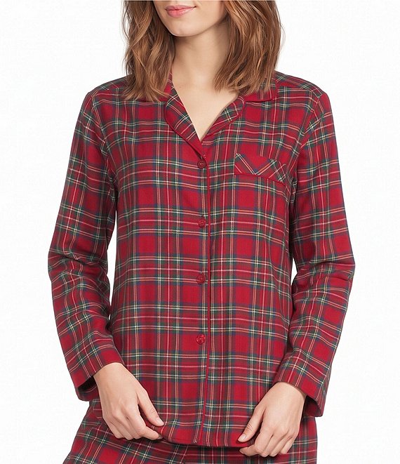 Sleep Sense Flannel Long Sleeve Notch Collar Coordinating Button Front Holiday Sleep Top
