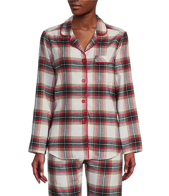 Sleep Sense Flannel Plaid Long Sleeve Notch Collar Coordinating Button Front Sleep Shirt