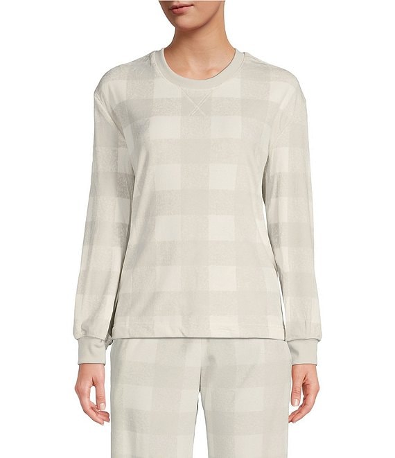 Color:Grey - Image 1 - Grey Check Print Crew Neck Long Sleeve Coordinating Velour Sleep Top