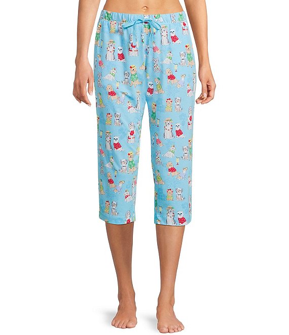 Sleep Sense Knit Beach Dogs Print Drawstring Tie Coordinating Sleep Capri Pants