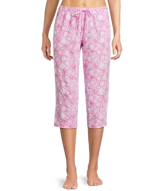 Sleep Sense Knit Summer Shell Print Drawstring Tie Coordinating Sleep Capri Pants