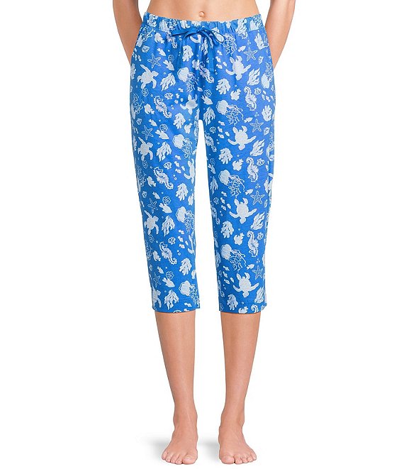 Sleep Sense Knit Turtle Print Drawstring Tie Coordinating Sleep Capri Pants