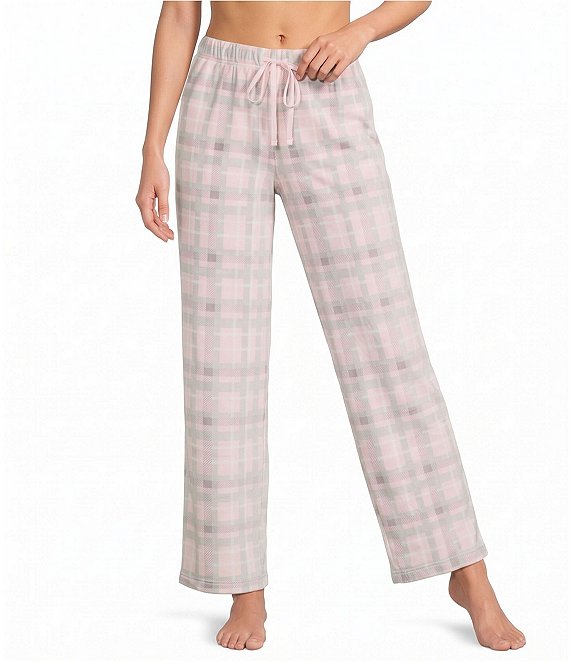Sleep Sense Pink Plaid Print Velour Drawstring Tie Coordinating Sleep Pants