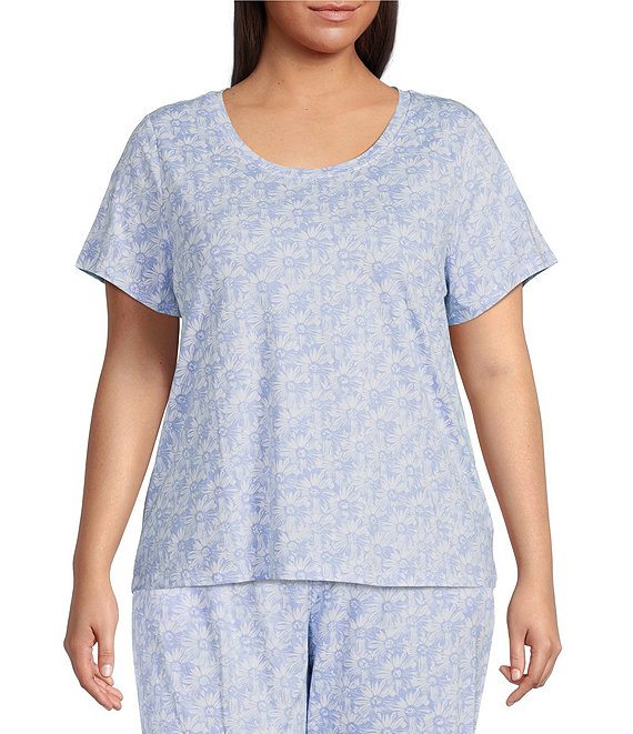 Sleep Sense Plus Size Daisy Print Scoop Neck Short Sleeve Coordinating Knit Sleep Top