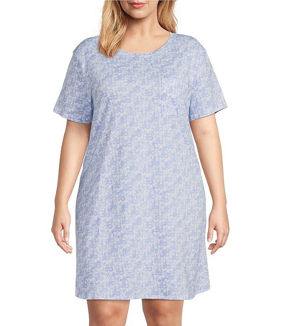 Sleep Sense Plus Size Daisy Sketch Print Short Sleeve Scoop Neck Knit Nightshirt
