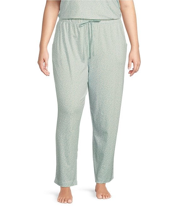 Color:Aqua Leaves - Image 1 - Plus Size Leaf Print Knit Drawstring Coordinating Sleep Capri Pants