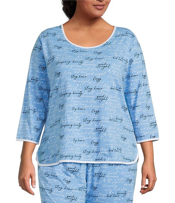 Sleep Sense Plus Size Sleep Script Print Scoop Neck 3/4 Sleeve Knit Coordinating Sleep Top, Sleep Script - Image 1