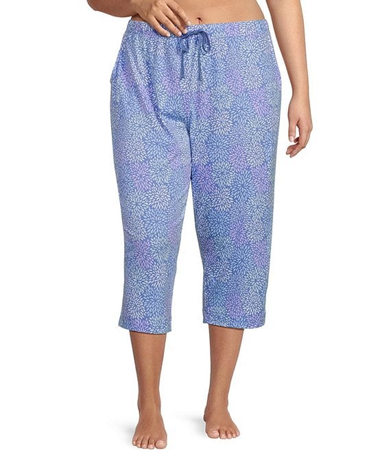 Sleep Sense Plus Size Spring Mums Knit Print Drawstring Tie Coordinating Sleep Capri Pants