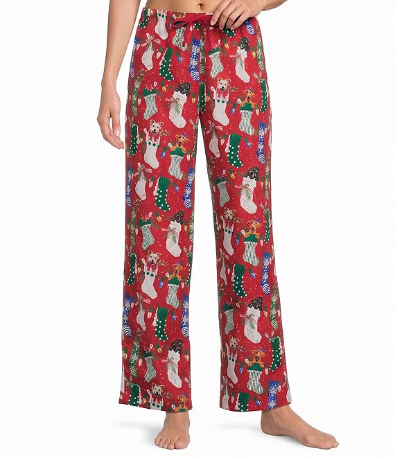 Sleep Sense Pup Stocking Print Flannel Drawstring Tie Coordinating Holiday Sleep Pants