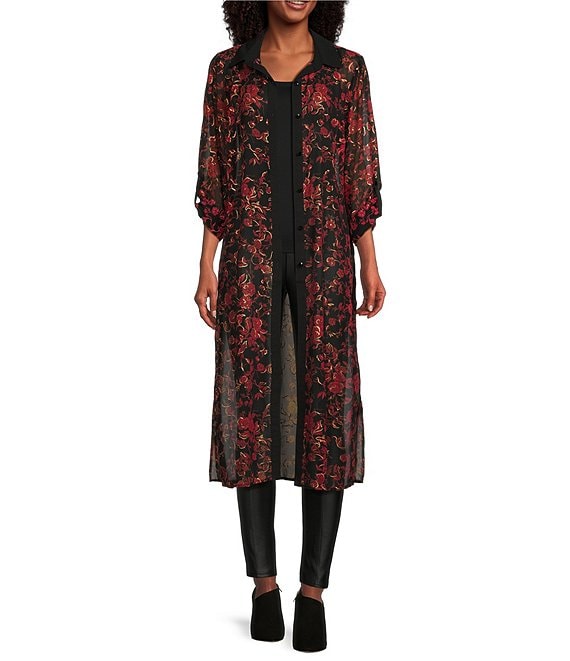 Slim Factor by Investments Baroque Floral Print Long Sleeve Rhinestone Button Front Duster