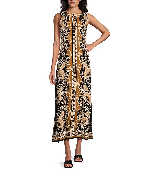 Slim Factor by Investments Deco Flower Border Print Sleeveless Crew Neck Maxi Dress Dillard s