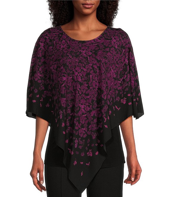 Slim Factor by Investments Floral Print Round Neck 3/4 Sleeve Poncho