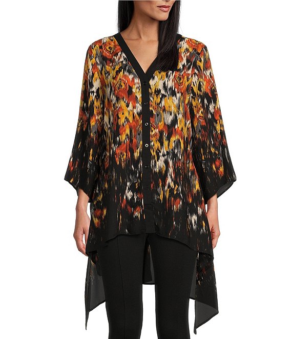Slim Factor by Investments Ikat Print 3/4 Sleeve Button Front V-Neck ...