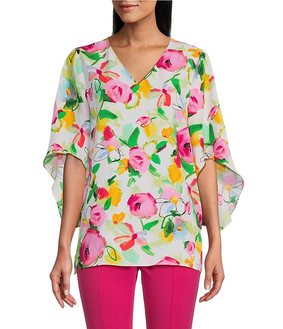 Slim Factor by Investments Kaleidoscope Floral V Neck 3/4 Draped Sleeve ...