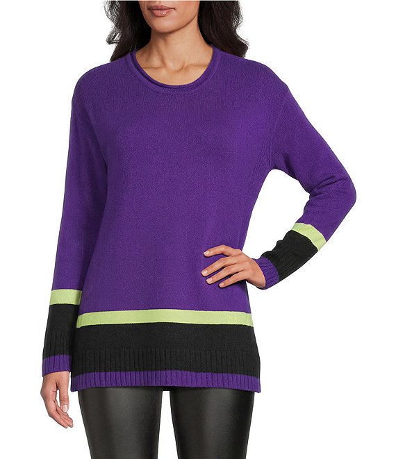 Slim Factor by Investments Madison Crew Neck Long Sleeve Double Stripe Sweater