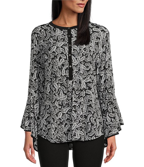 Slim Factor by Investments Paisley Print Long Ruffled Sleeve Crew Neck ...