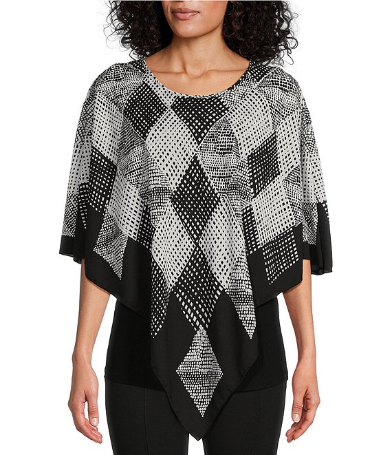 Slim Factor by Investments Patchwork Print Round Neck 3/4 Sleeve Poncho