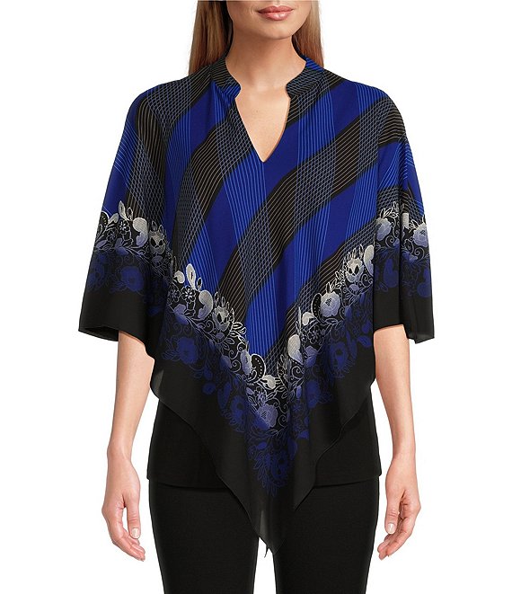 Slim Factor by Investments Plaid Lace Print 3/4 Sleeve Split V-Neck Poncho