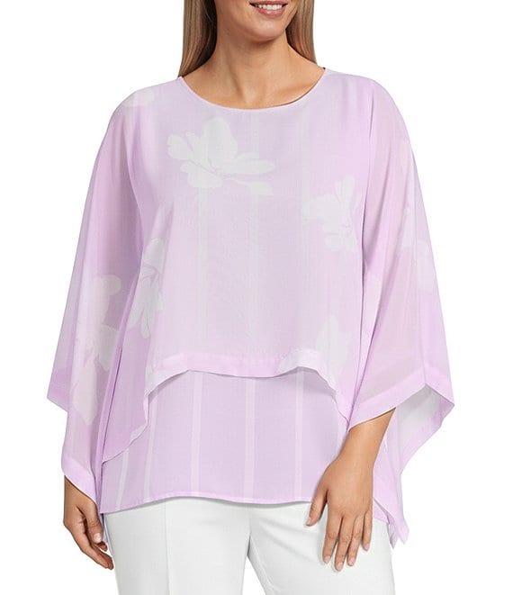 Slim Factor by Investments Plus Size Floral Print Chiffon 3/4 Sleeve Crew Neck Double Layer Top