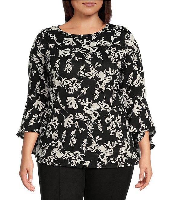 Slim Factor by Investments Plus Size Floral Print Crew Neck 3/4 Flare ...